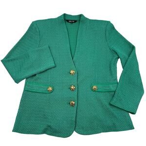 Misook Womens Green Textured Knit Gold Button Blazer Work Jacket Sz PM